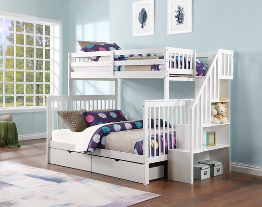 Elite Mission Staircase-Storage Shelves Twin over Double Bunk Beds in White