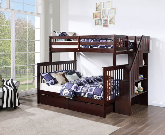 Elite Mission Staircase-Storage Shelves Twin over Double Bunk Beds in Espresso