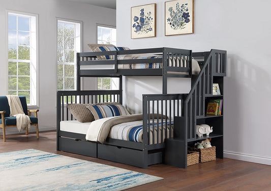 Elite Mission Staircase-Storage Shelves Twin over Double Bunk Beds in Gray