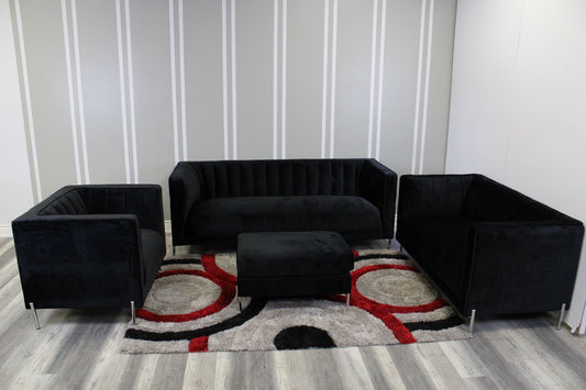 Arthur Black Velvet Suede Fabric 4pc Sofa Set with Metal Legs in Grey