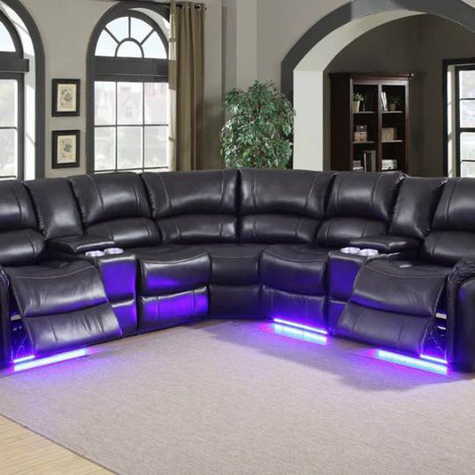 Milton Bronze Nailhead in Fresh Black Air Leather LED Power Recliner Sectional