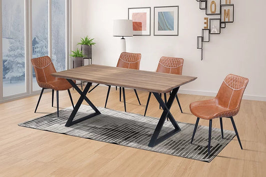 Beck and Collin 5 Piece Live Edge Wood Table Brown Leather MCM Chairs