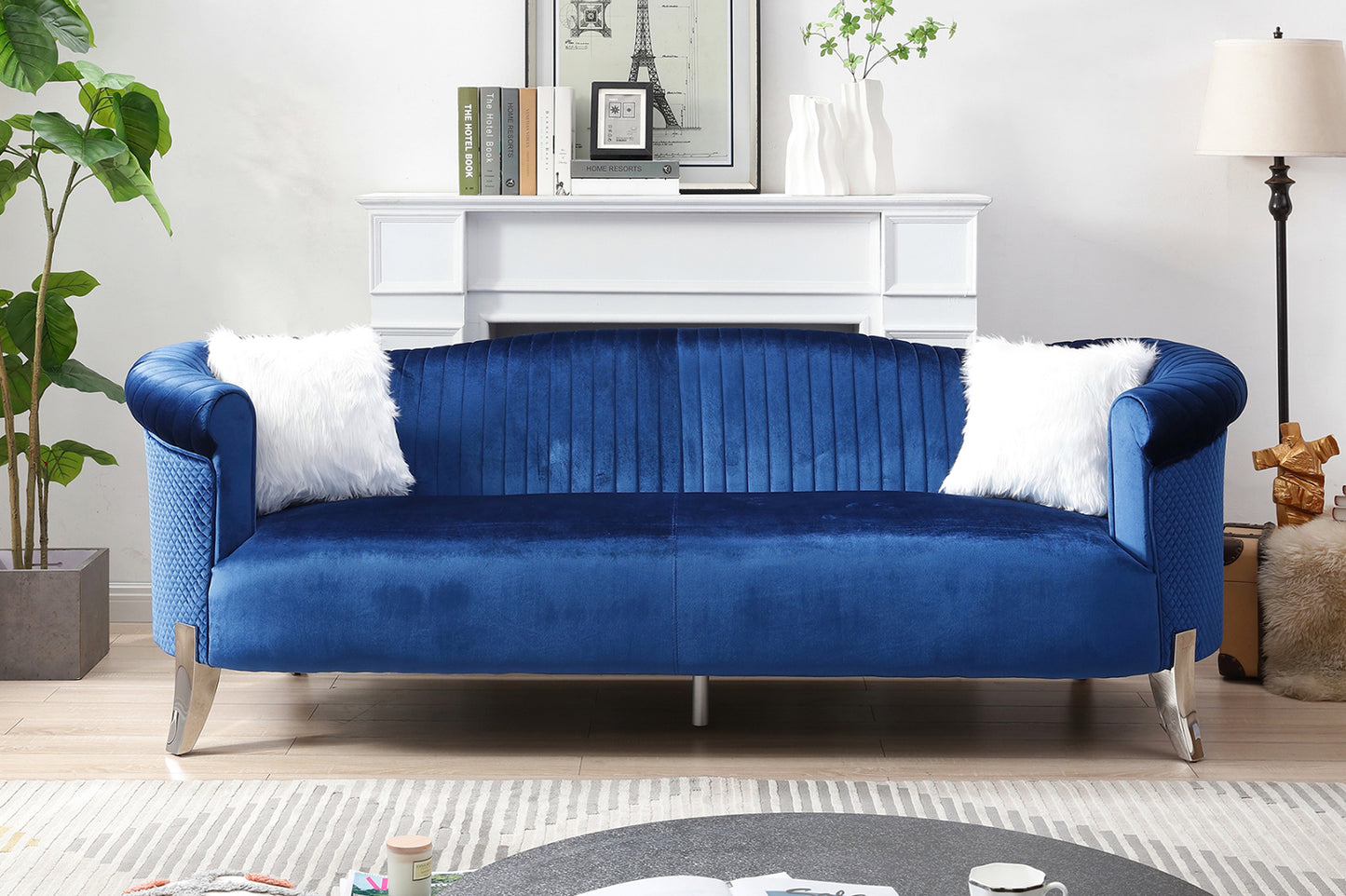 Countessa Blue Linen Fabric 3 Seater Sofa With Stainless Steel Legs