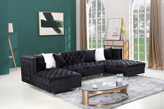 JoJo Crystalline Tufted Nailhead Double Chaise Sectional In Black