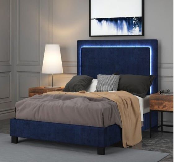 Aeyre's  Queen Velvet Blue Chrome Nailhead Bed Back Lit Ambient LED Lighting